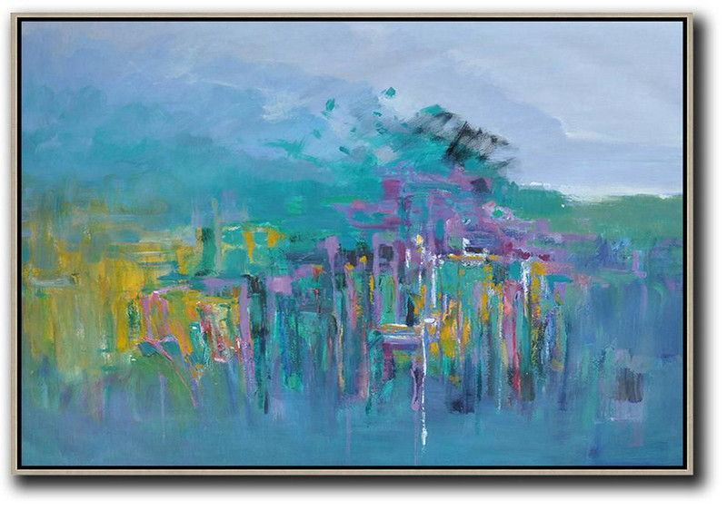 Large Abstract Art Handmade Painting,Horizontal Abstract Landscape Oil Painting On Canvas,Acrylic Painting On Canvas Purple Grey,Green,Yellow,Purple